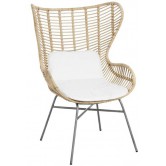 La Vannerie d'Aujourd'hui - Fauteuil design en rotin naturel, piètement en métal avec coussin écru.