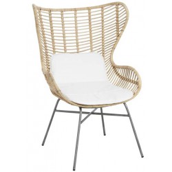 La Vannerie d'Aujourd'hui - Fauteuil design en rotin naturel, piètement en métal avec coussin écru.