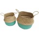 Cabas repliable en jonc naturel et bleu