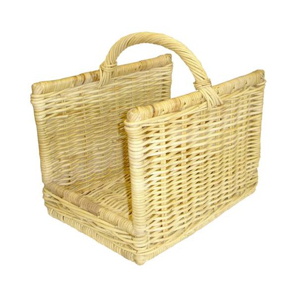 Panier à Bûches Rectangulaire En Osier Avec Doublure Beige - Rangement Jouets, Couvertures - Poignées Bois, Taille M
